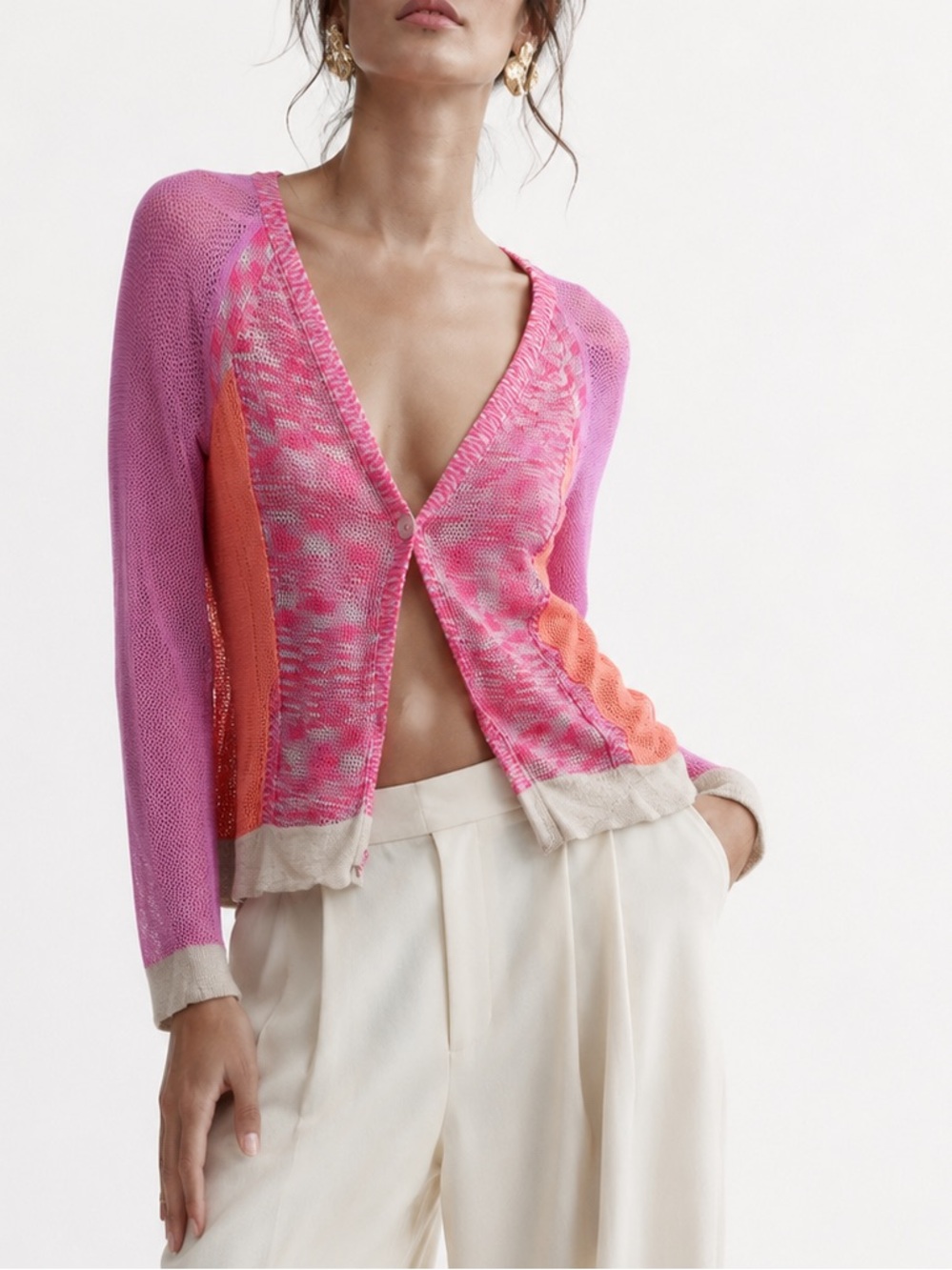 Curio NY Linen Blend Sheer Pink & Orange V Neck Knit Cardigan Style Top Medium